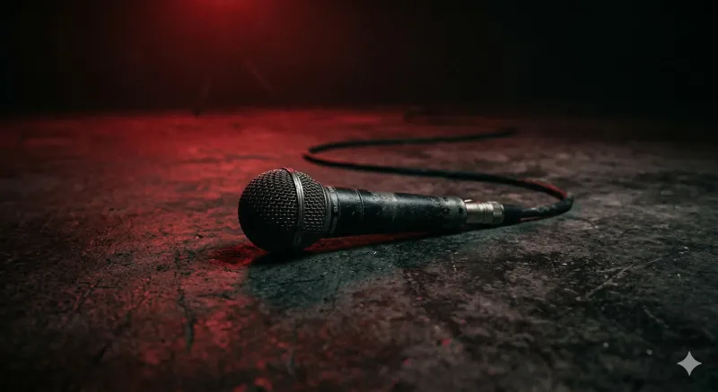 Abandoned microphone on a dark stage floor